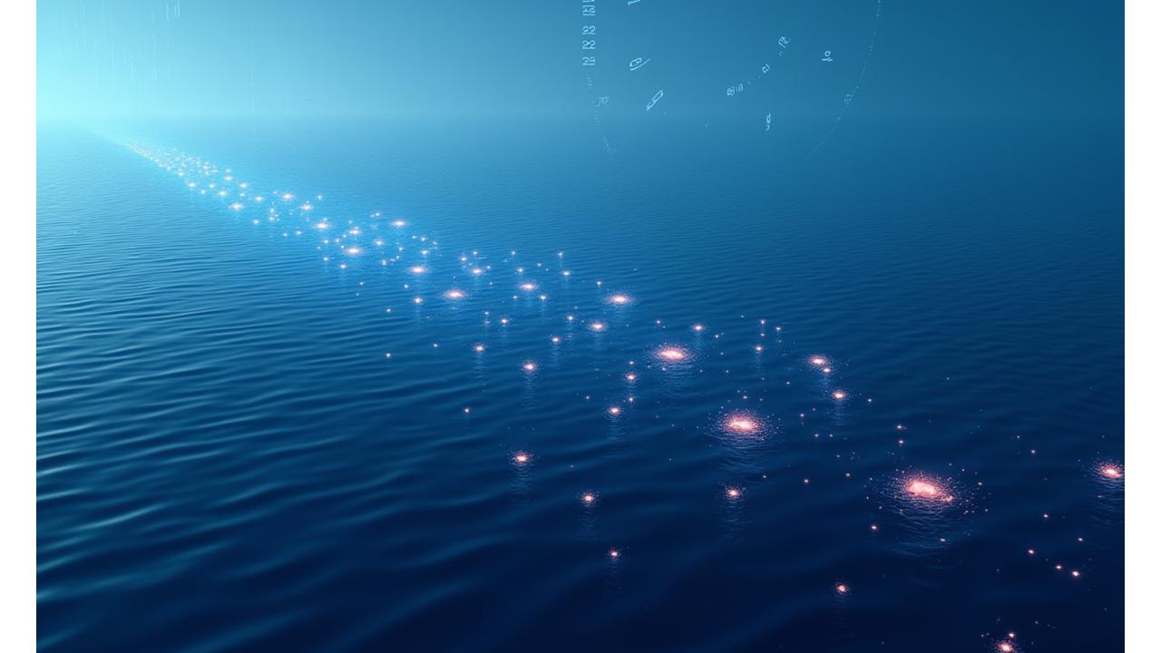 広大な海洋上で多種多様な自律型観測機器が年中無休で稼働し、継続的にデータを収集している様子の俯瞰図。