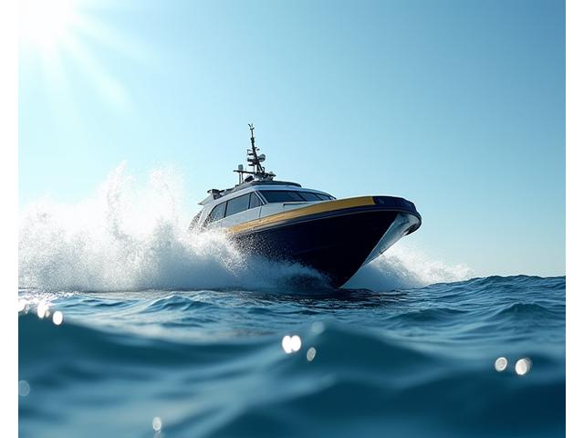 波を切り裂いて高速で航行する小型の無人調査船。緊急対応や迅速なデータ収集のイメージ。