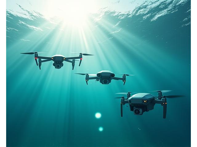 様々な種類のドローン（水上、水中、航空）が海洋上で同期して観測している様子。技術の統合と連携を表現。