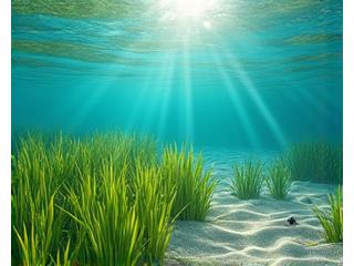 海底に広がる、鮮やかな緑のアマモやガラモの海草藻場。穏やかな海水が揺らぎ、光が差し込む様子。