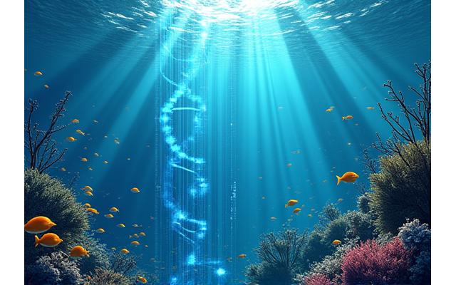 海とテクノロジーが調和し、持続可能性を示す概念図