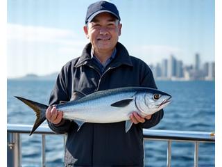 遠洋漁師が持続可能性認証のラベルが付いた魚を誇らしげに見せる