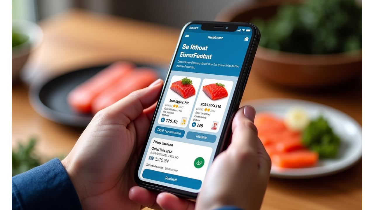 消費者がスマートフォンアプリで水産物の詳細な情報（産地、鮮度、認証マーク）を閲覧している画面。信頼感と透明性を強調するデザイン。