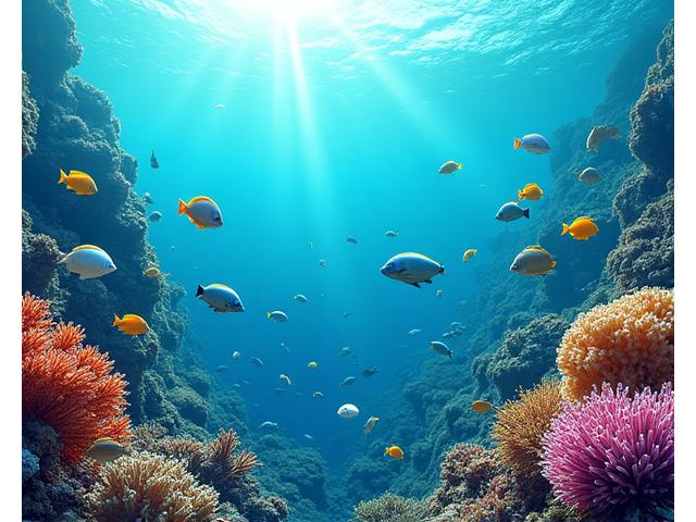 持続可能な漁業を象徴する、水中の豊かな魚群と保護されたサンゴ礁のイメージ